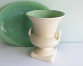 Vintage Red Wing Pottery Double Handled Flower Vase, White with a Jadeite Green Interior