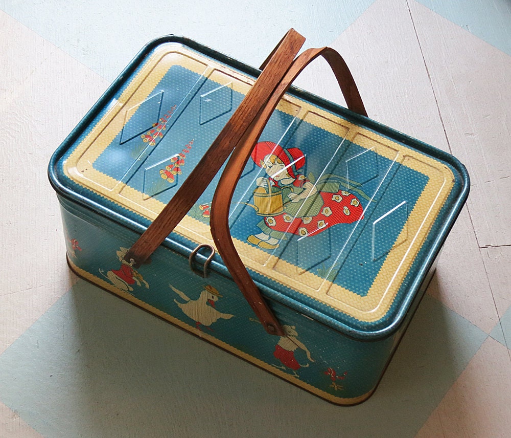 1950s Picnic Tin with Nursery Rhyme Characters, Oak Handles and a Faux Basket Weave Pattern