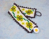 Daisy Flower Beadwork Cuff Bracelet Square Stitch Beadweave Yellow White Black Green
