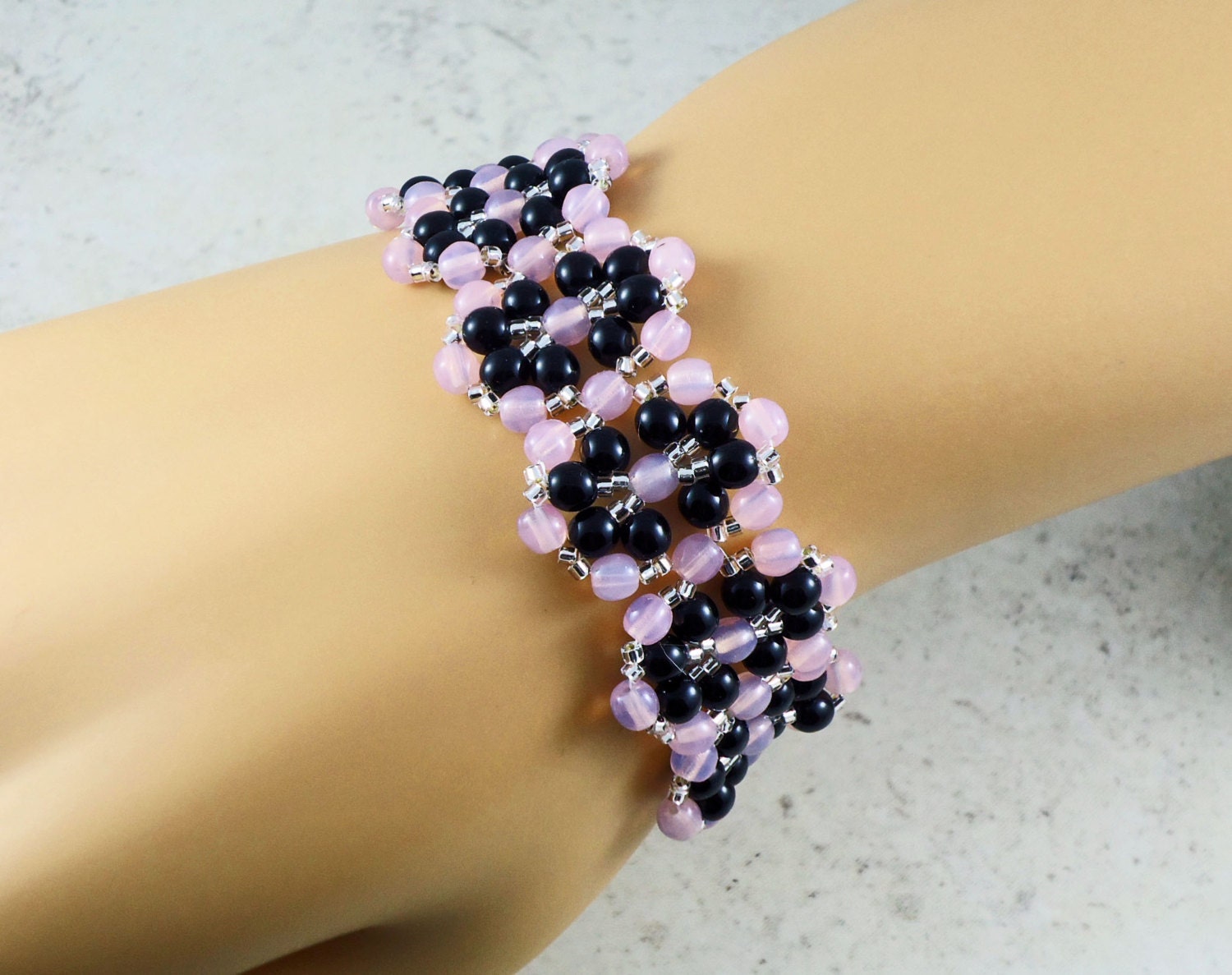 Pink Black Beadwork Magnetic Cuff Bracelet