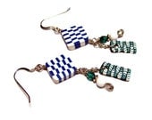Handmade Polymer Clay Earrings Blue Checkered Zipper Canework Jewelry Dangles Vintage Beads Modern Contemporary Sterling Silver