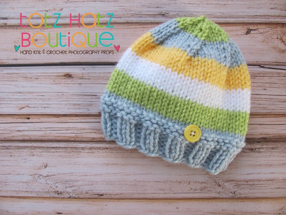Pastel Stripe Beanie - Blue, Green, White, Yellow  - Ready To Ship