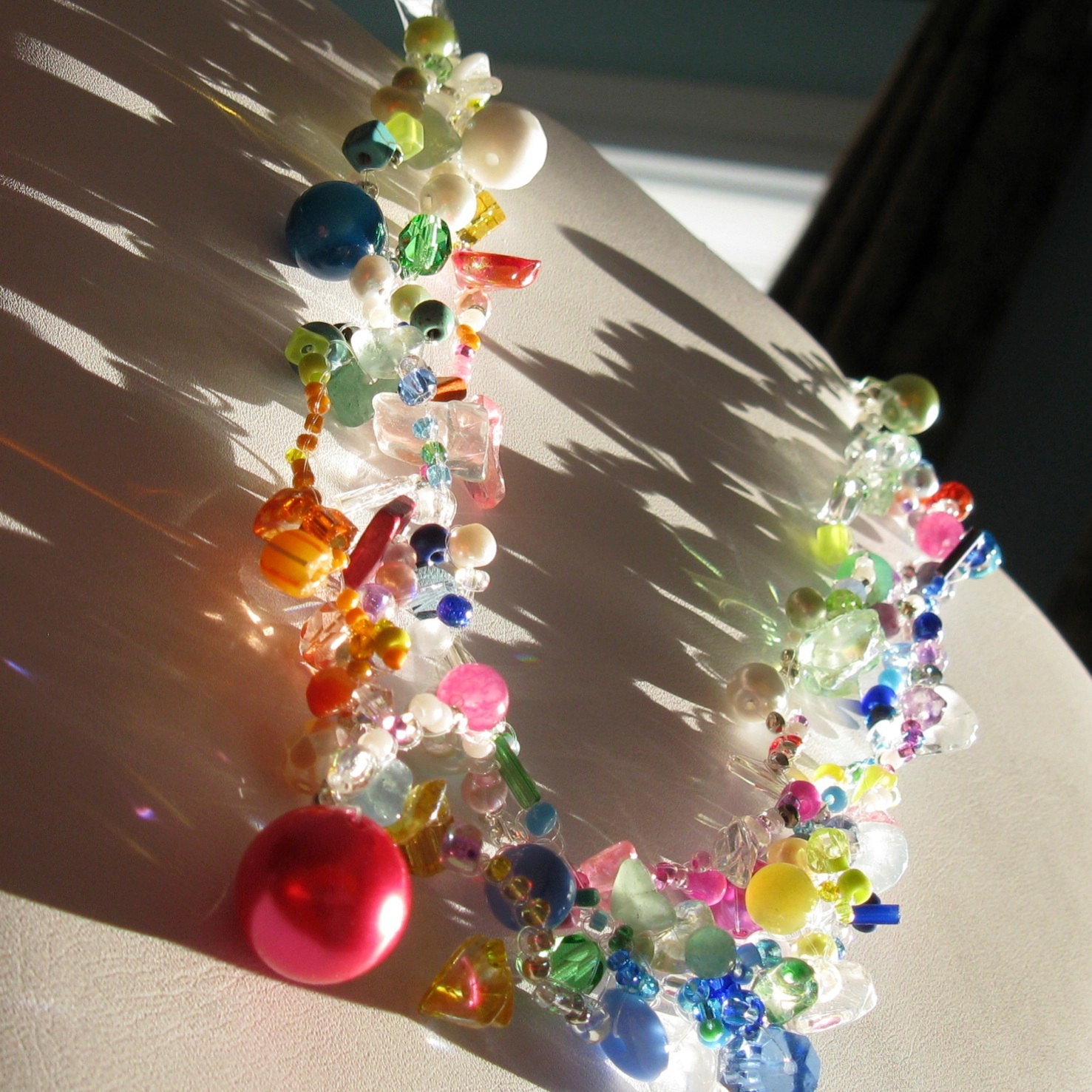 sale. KALEIDOSCOPE. bright coloured multi glass beaded. invisible crocheted. long single rope strand. many use necklace. bracelet. choker