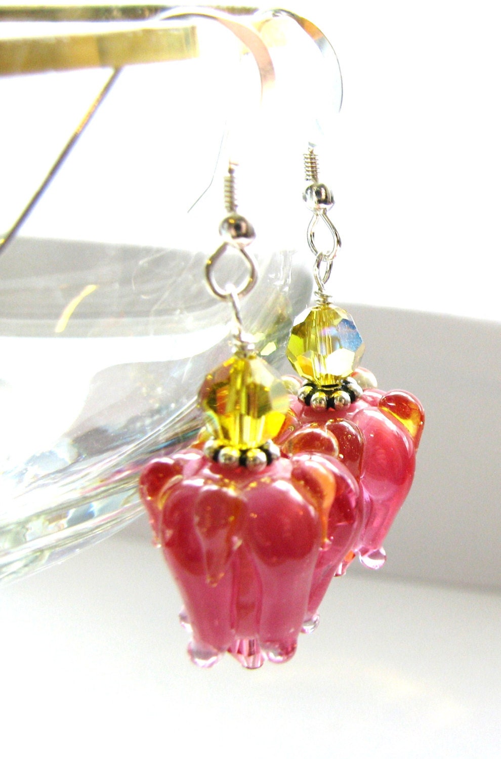 Mother's Day Earrings Raspberry Pink - Rose Buds Lampwork, SRA Artisan Glass Flowers, Swarovski Crystals, Sterling Silver