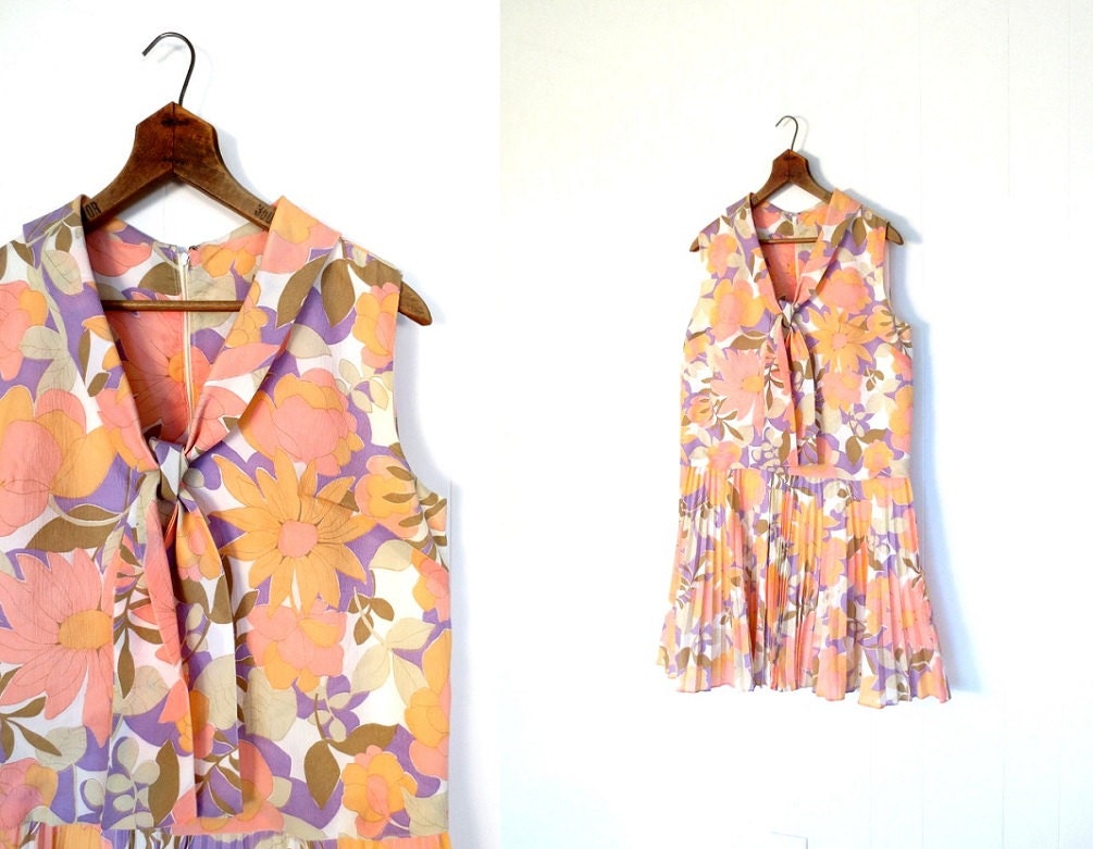 60s Floral Dress / Hothouse Lawn Party / Vintage 1960s Dress / Drop Waist Dress / Large L