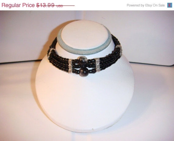 Summer Sale Black Onyx tri cord bracelet with large crystal glass