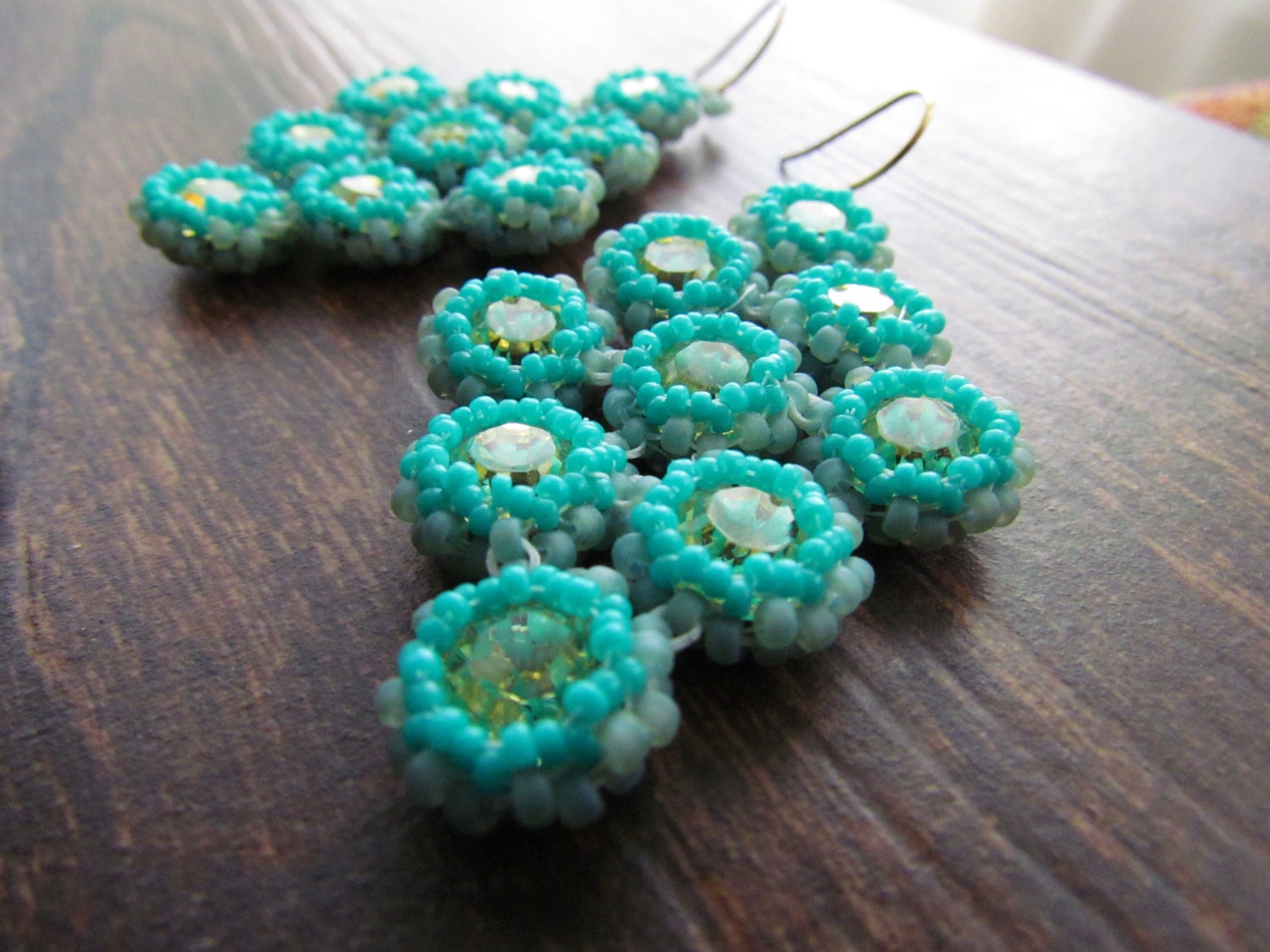 SEA BREEZE-Swarovski Crystal and Aqua & Teal Seed Bead Chandelier Earrings