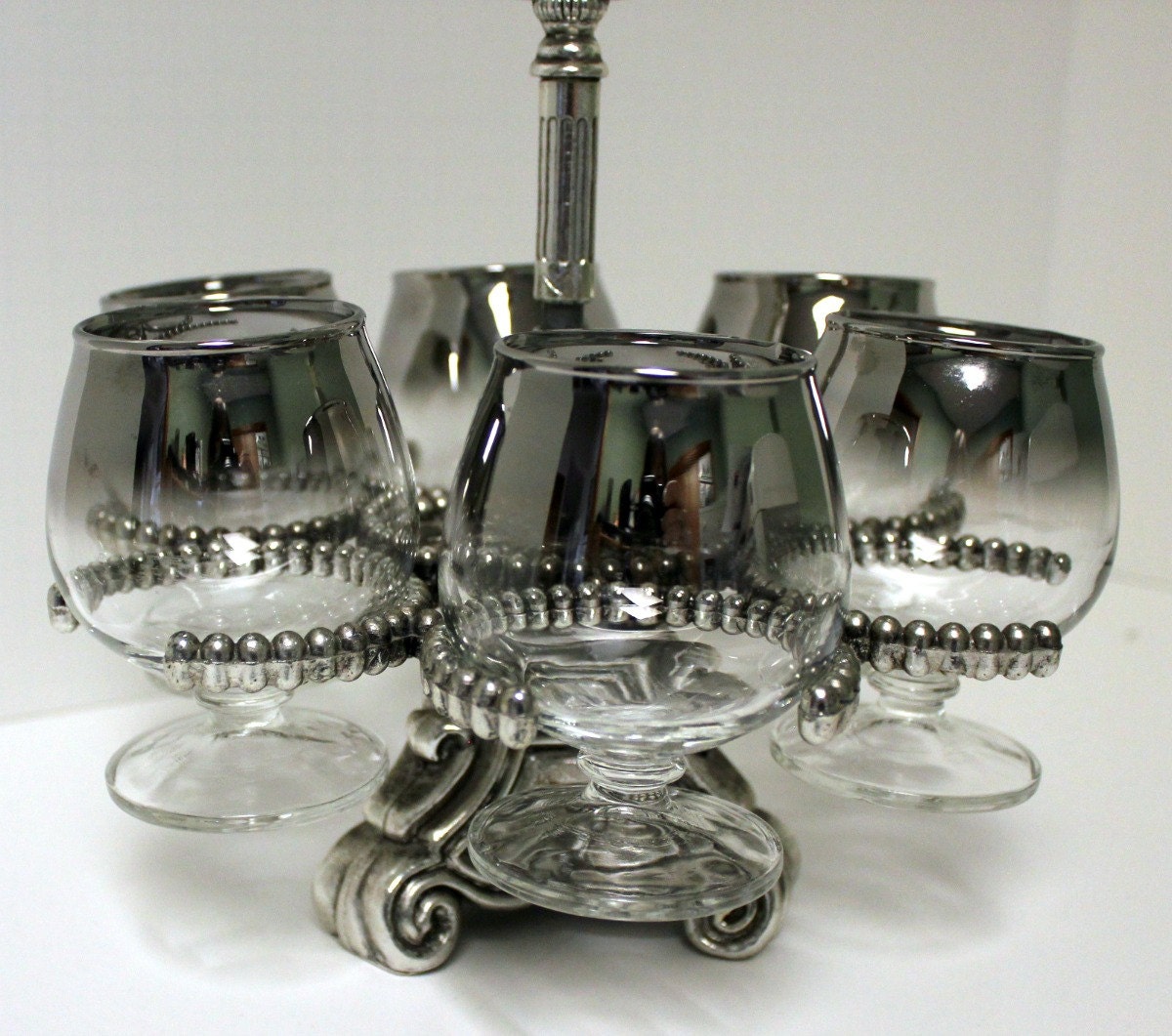 Vintage Thorpe Era Silver Fade Brandy Glasses Set of 6 with Rack Holder Carrier