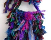 Little Recycled Sari Silk  Very Raggy deep jewel Ribbon Bag  Hand Crocheted by plumfish