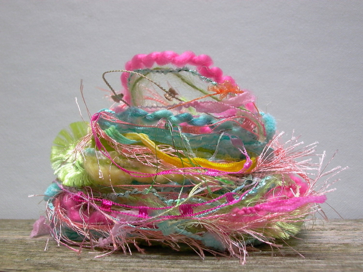 aloha fringe effects . 20yds of specialty fibers tropical colors art yarn bundle . aqua turquoise  hot pink spring green yellow