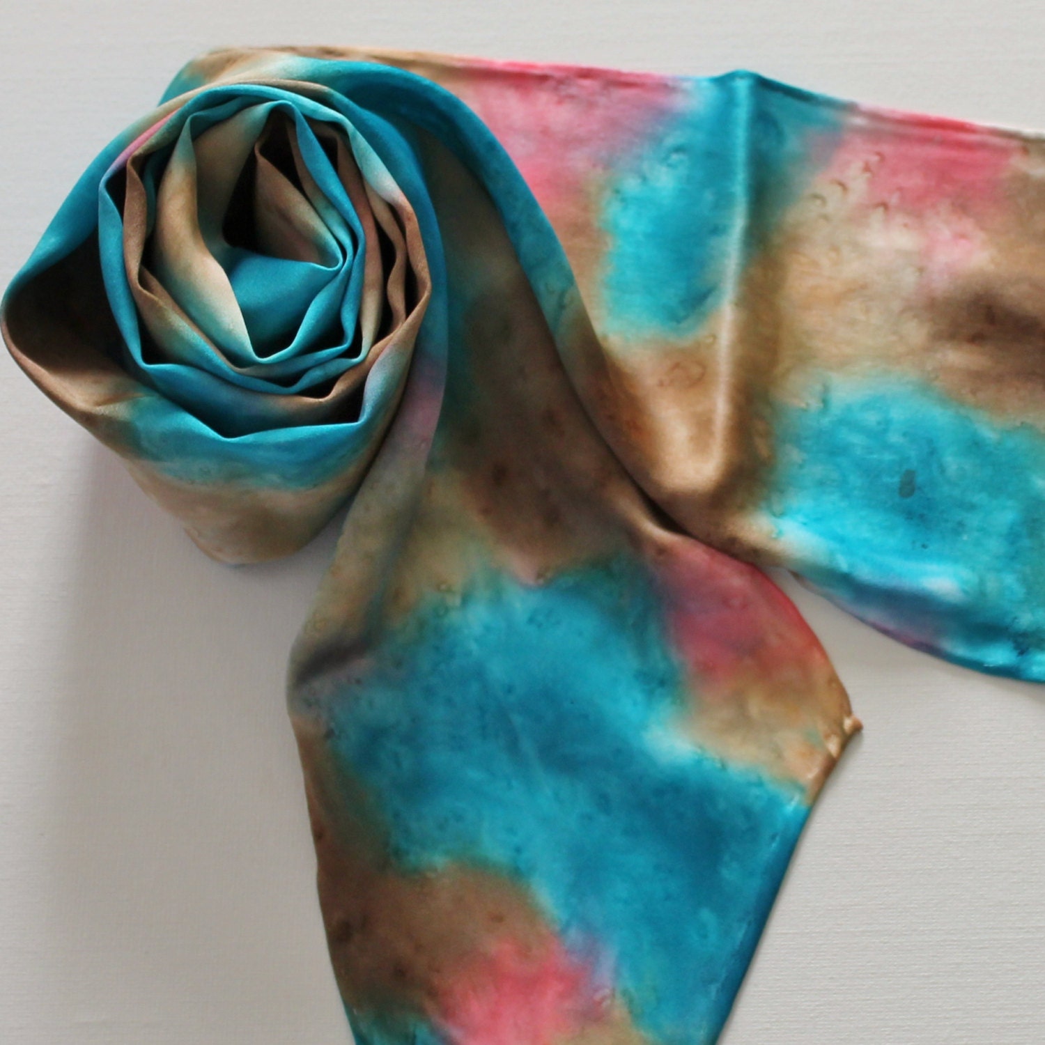 Silk Scarf - Lagoon - Hand Painted Ladies Skinny Scarves Belt Sash Turquoise Blue Tan Brown Salmon Pink Beach Sand