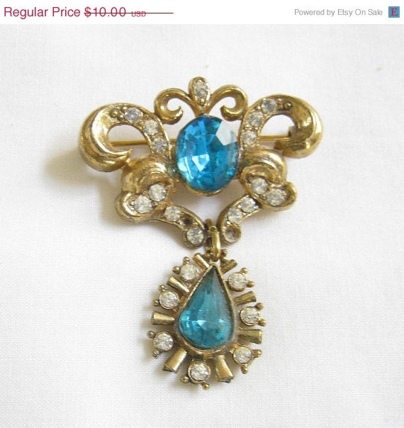 Mothers Day Sale Vintage Blue and Clear Rhinestone Dangle Brooch or Pin