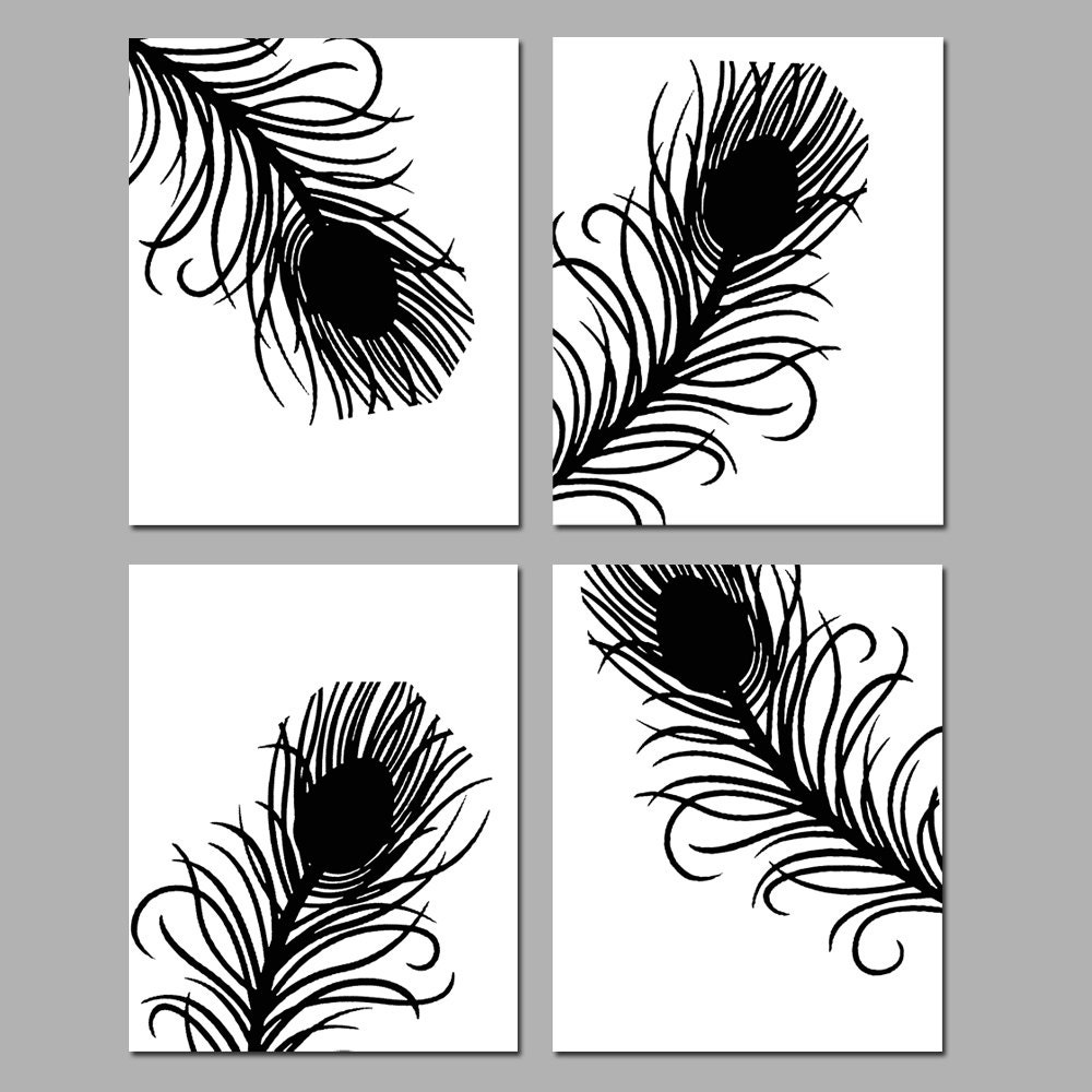 Modern Peacock Feather Quad - Set of Four 8x10 Coordinating Prints - Choose Your Colors - Shown in Black and White