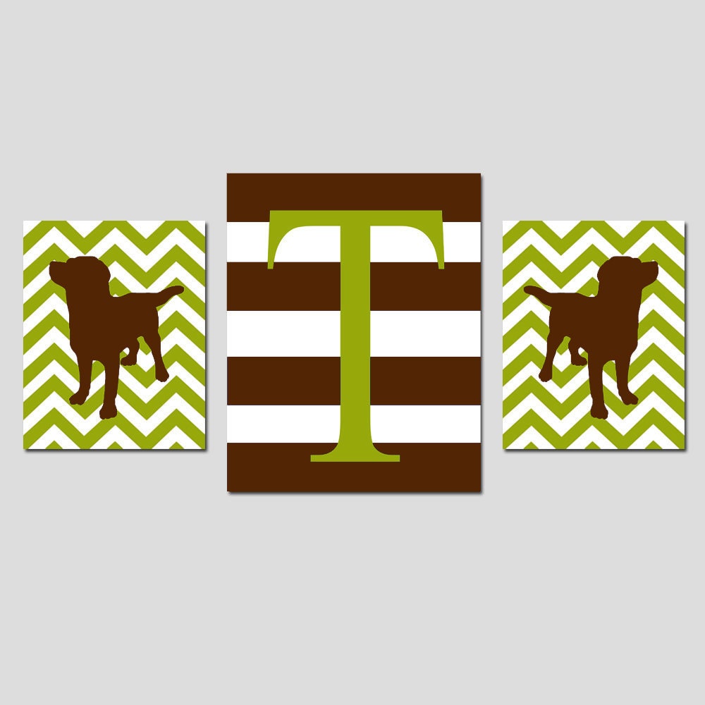 Kids Wall Art - Striped Chevron Monogram Puppy Dog Trio - Set of Three Nursery Prints - 8x10 and 11x14 - Initial - Choose Your Colors
