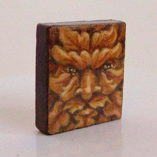 Autumn-Inspired Green Man original painting on Scrabble Tile