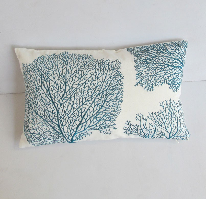 teal blue coral pillow 12X20 inch coastal , sea, nautical pillows