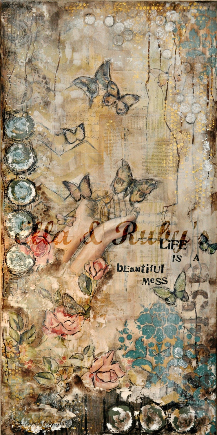 mixed media hands and butterflies collage painting print 'beautiful mess' - ellaandrubys