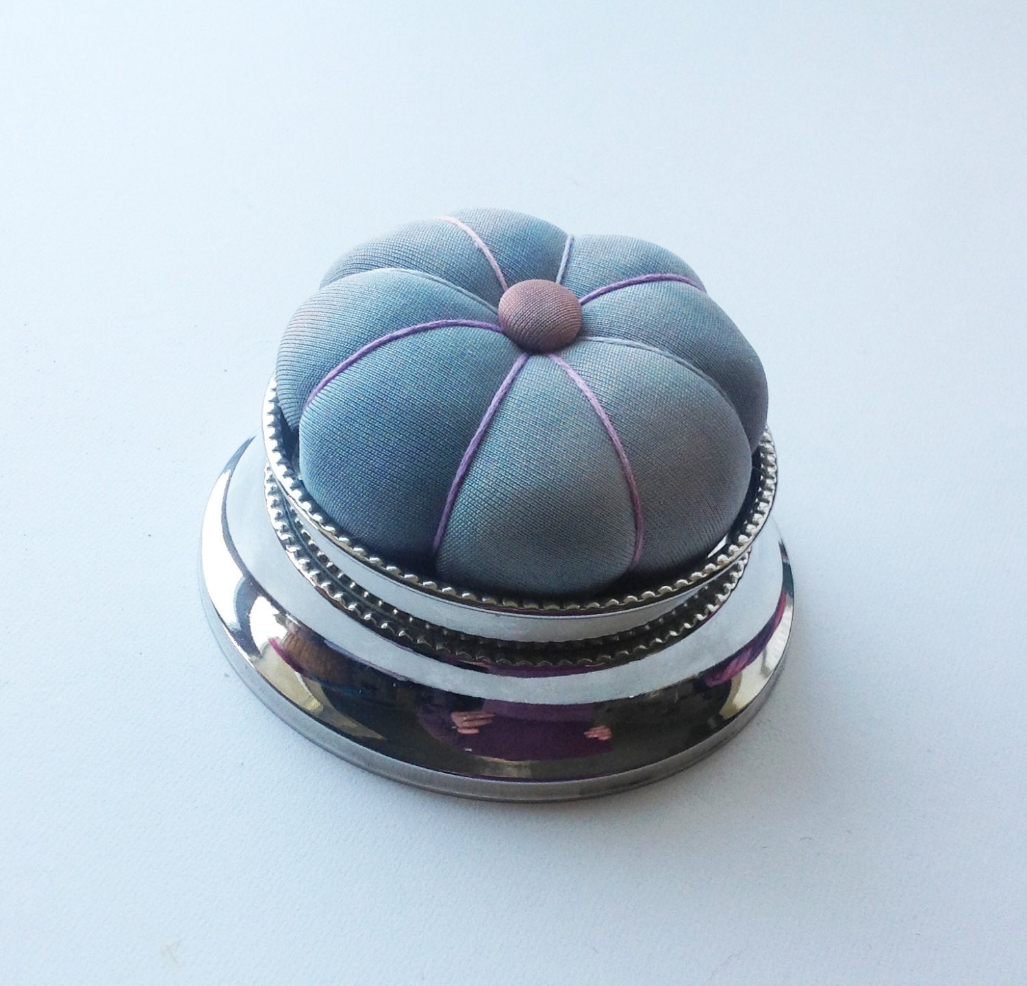 Hand Dyed Silk Pincushion - Silver Plated Base - Heirloom Pincushion