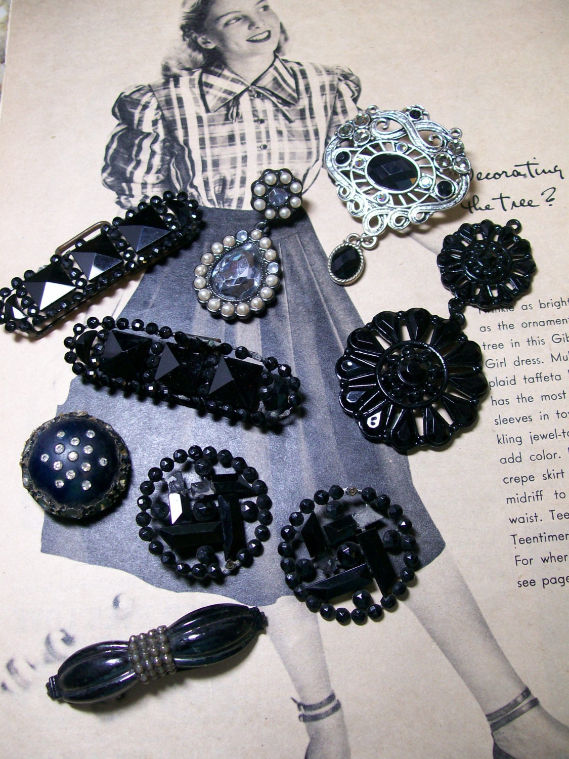 Repurpose Salvage Black Rhinestone Brooch Earring mixed media destash bridal wedding collage