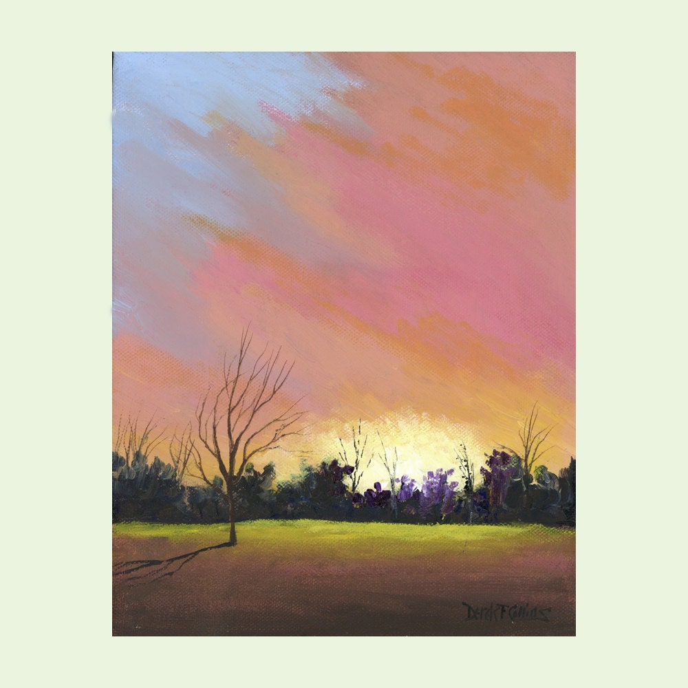 Landscape painting original acrylic sunset  Light Shining  Trees tree clouds sky impressionist pink peach 8X10 on canvas