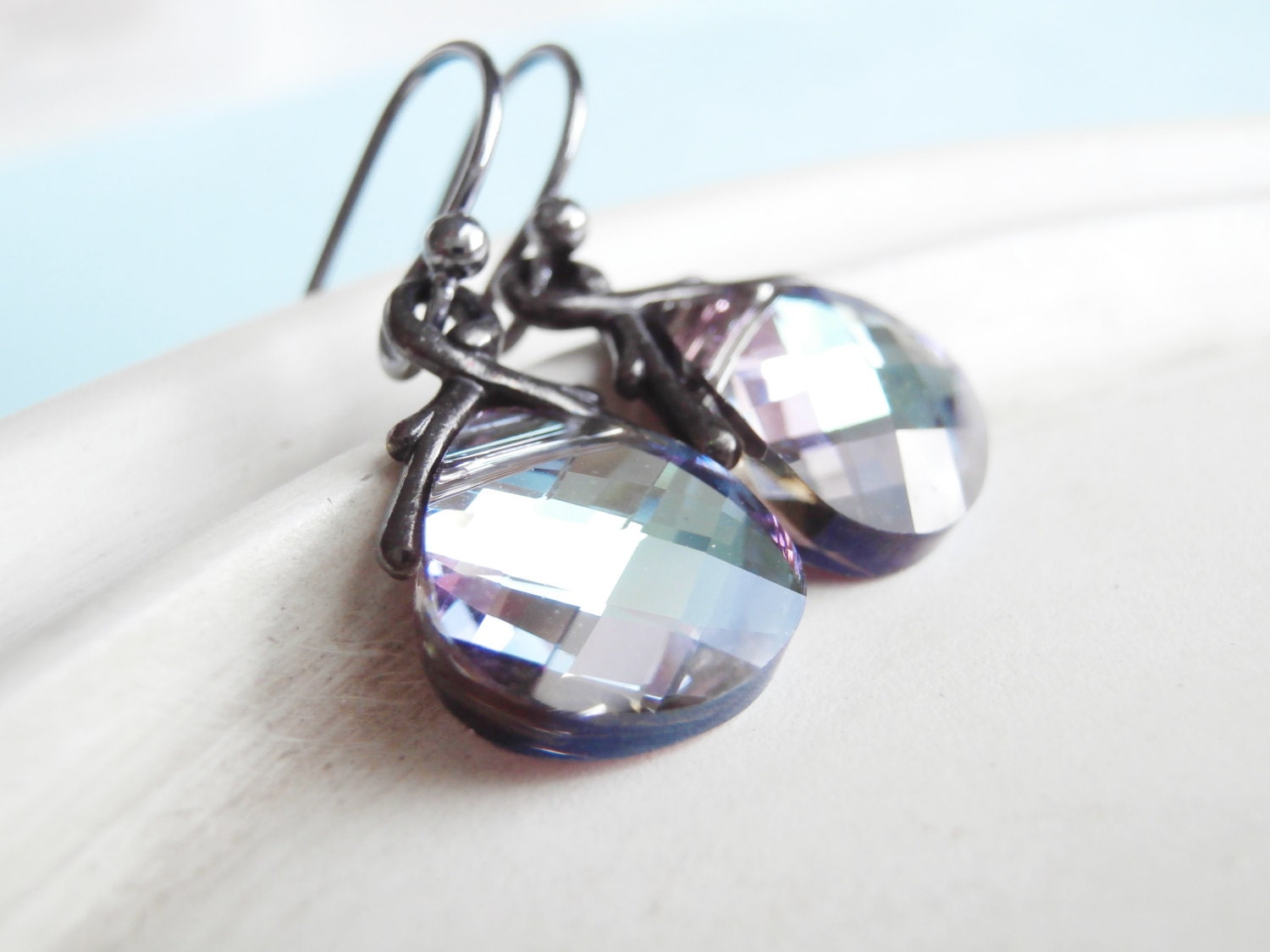 Swarovski Crystal Earrings - Teardrop Briolette Drop - Ice Blue Lilac Gunmetal