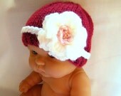 Baby Hat, Valentine's Day Hat, Newborn Girl Hat, Baby Hat, Handmade Red Beanie Hat with White Crocheted Flower and Braid, Photography Prop