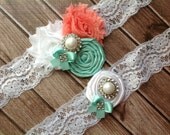 wedding garter / Coral & Tiffany Blue / bridal  garter/  lace garter / toss garter / Something BLue wedding  garter / vinta