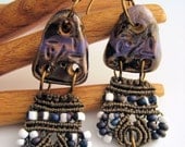 Beaded Macrame and Rustic Ceramic Dangle Earrings Primitive Purple
