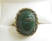 ON SALE Vintage Faux Malachite Green and Red Art Glass SCARAB Ring Size 7 Adjustable