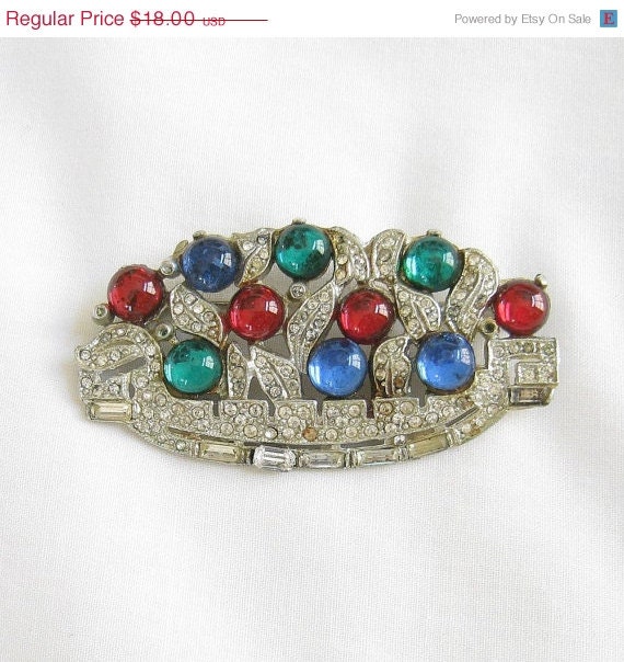 ON SALE Vintage Art Deco Antique Pot Metal Fruit Bowl Brooch with Blue, Red and Green Glass Cabochons and Clear Rhinestone