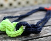 off the chain crocheted t shirt yarn necklace with 5 chains in neon yellow and navy blue by yourmomdesigns (rts)