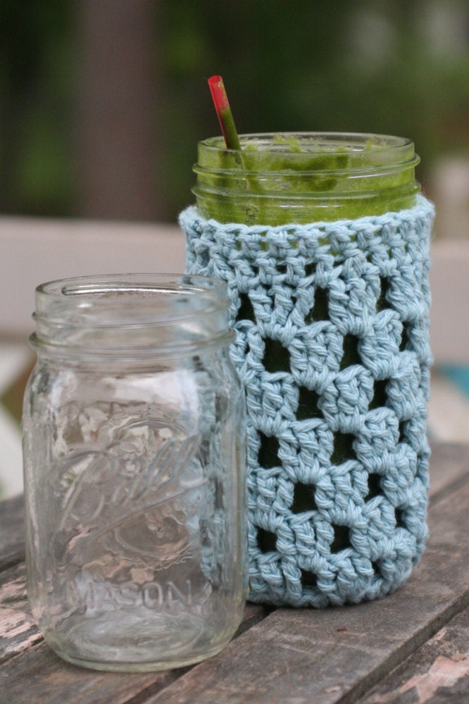 sky blue 24 ounce mason jar crochet cozy by yourmomdesigns (rts) perfect for wedding centerpieces and summer parties
