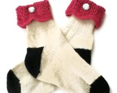 Hand Knit Socks -  Women's Pink, Black and White Socks with Vintage Button