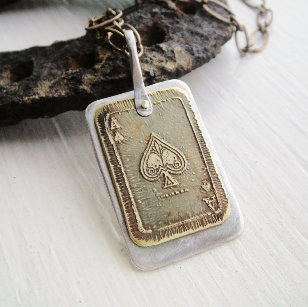 Ace of Spades Etched Pendant Necklace in Brass