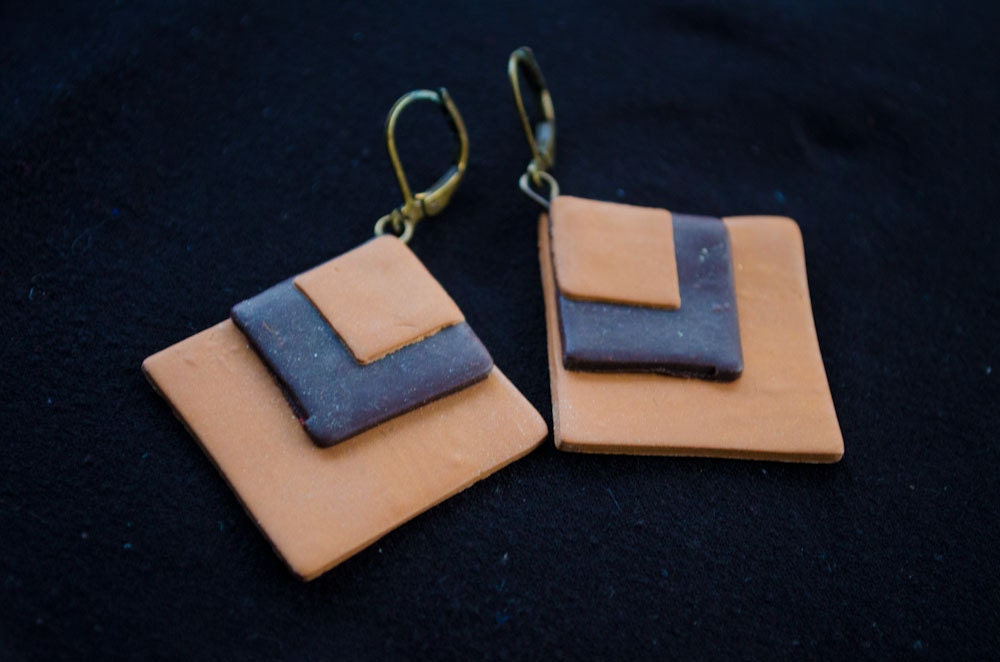 Chevron Earrings - Tribal - Geometric - Chocolate Brown and Caramel - Polymer Clay Earrings - Geometric Shapes - Nickel Free Earwires - OOAK