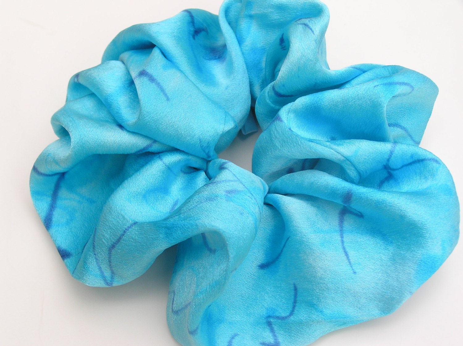 SILK Scrunchie, hand dyed, soft for hair, ponytail, silk, bright pastel turquoise blue, turquoise, dark blue/navy, one of a kind original