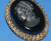 Gorgeous Black Cameo and Rhinestone Brooch by Robert