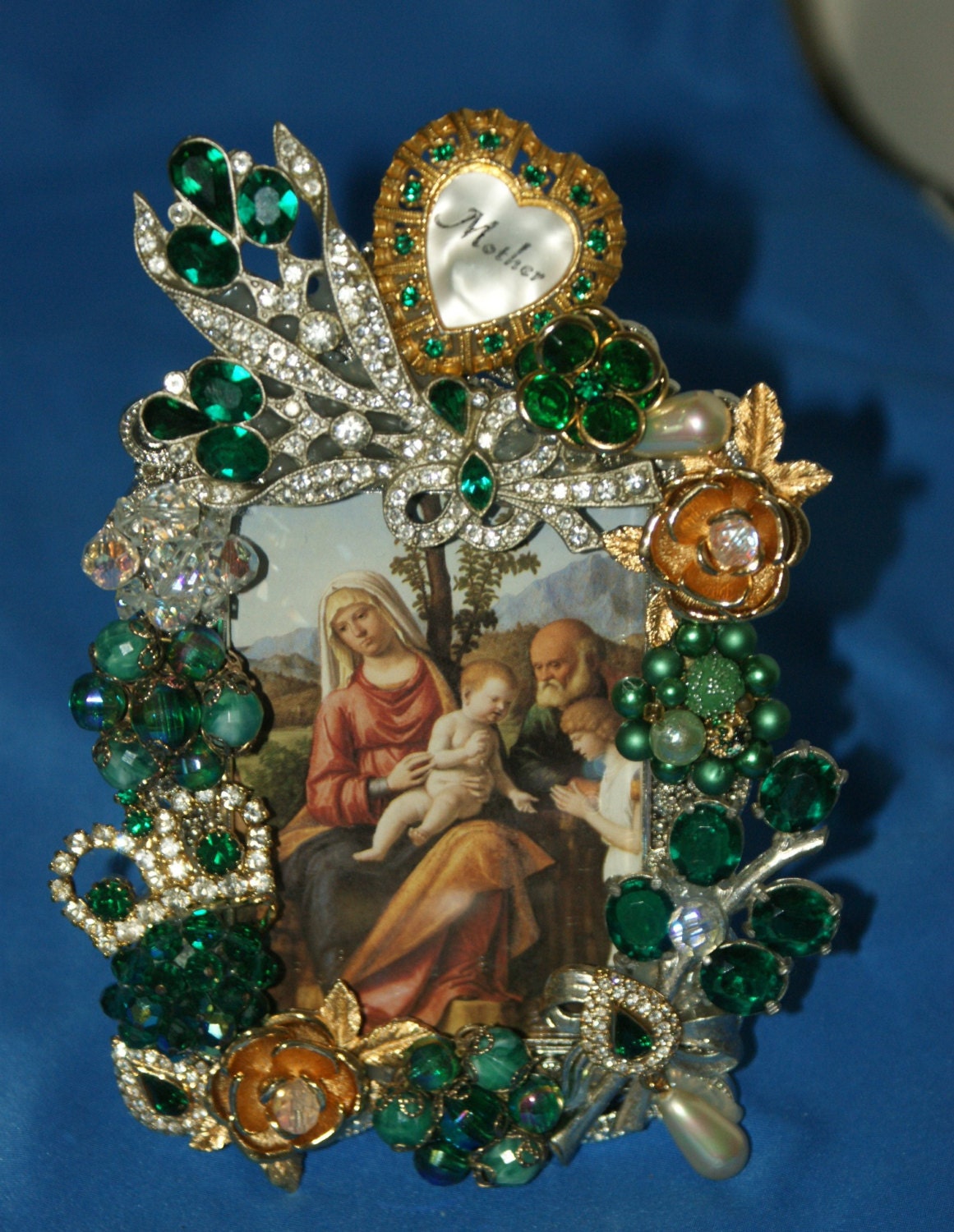 Mother Emerald Green Jeweled Rhinestone Picture Frame OOAK
