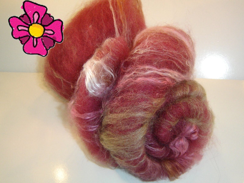 Batt , Roving, Spinning batt, Tea Roses 2  oz Llama, Alpaca, wool,  Fire star,  Bamboo Deep rose with hints of green and pink