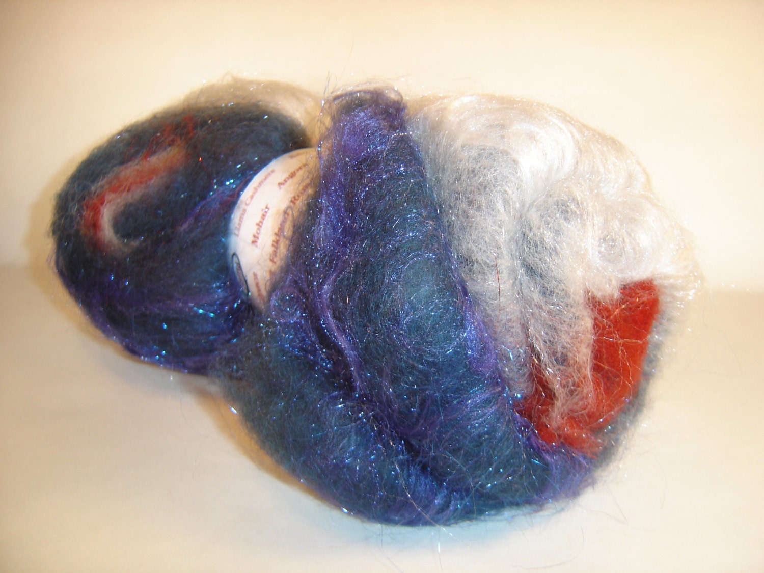 Batt , Roving, Spinning batt, American Hero 2  oz  Llama,  wool,  Fire star, and bamboo in  Red White and Blue