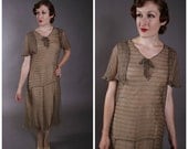 Vintage 1920s Dress - Late Striped Drop Waist Flapper Dress of Sheer Silk Chiffon