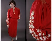 RESERVED ON LAYAWAY Vintage 1930s Dress - Stunning Hungarian Peasant Dress in Coral Red Silk with Angora Embroidery