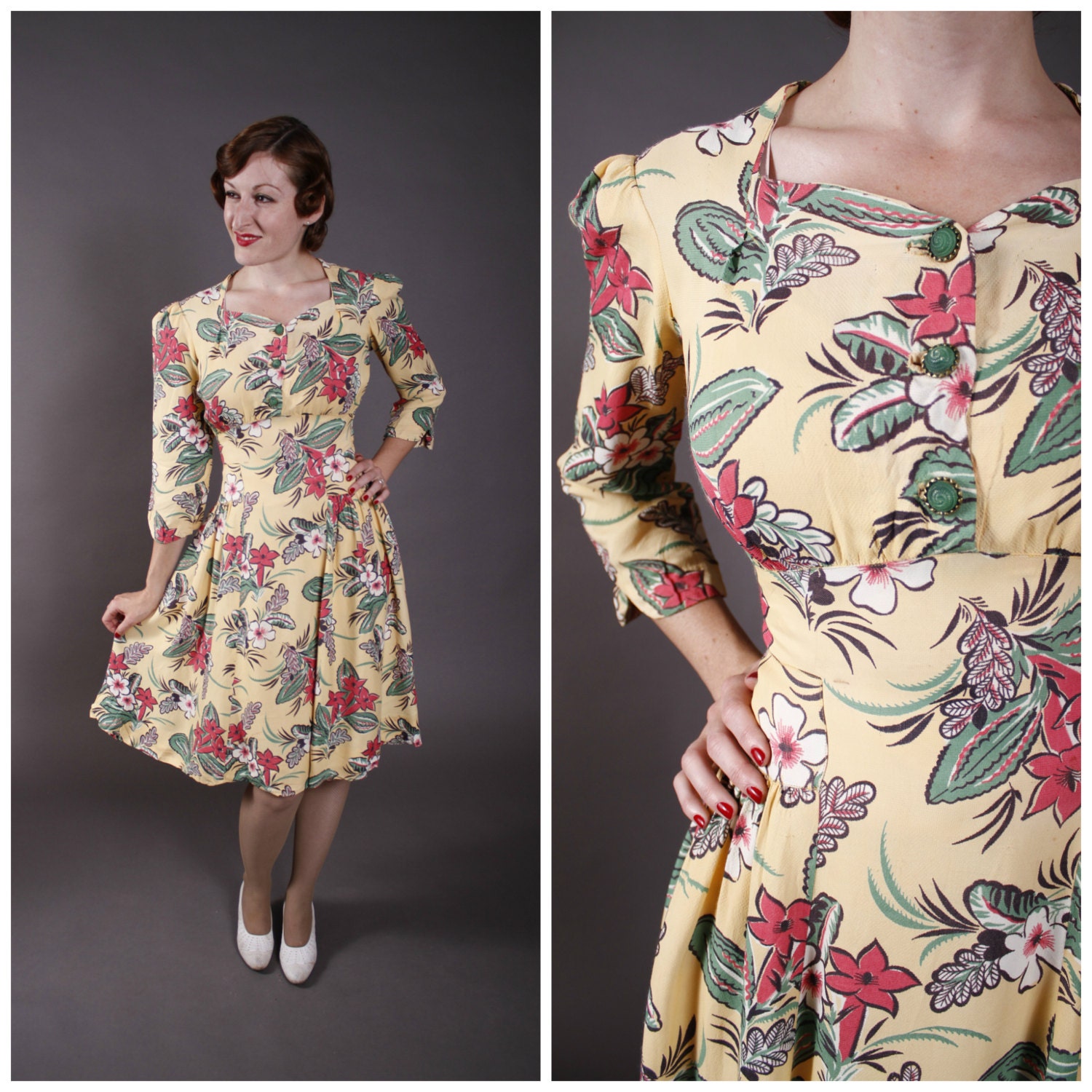 Vintage 1930s Dress - Late 1930s Rayon Crepe Hawaiian Print Summer Dress