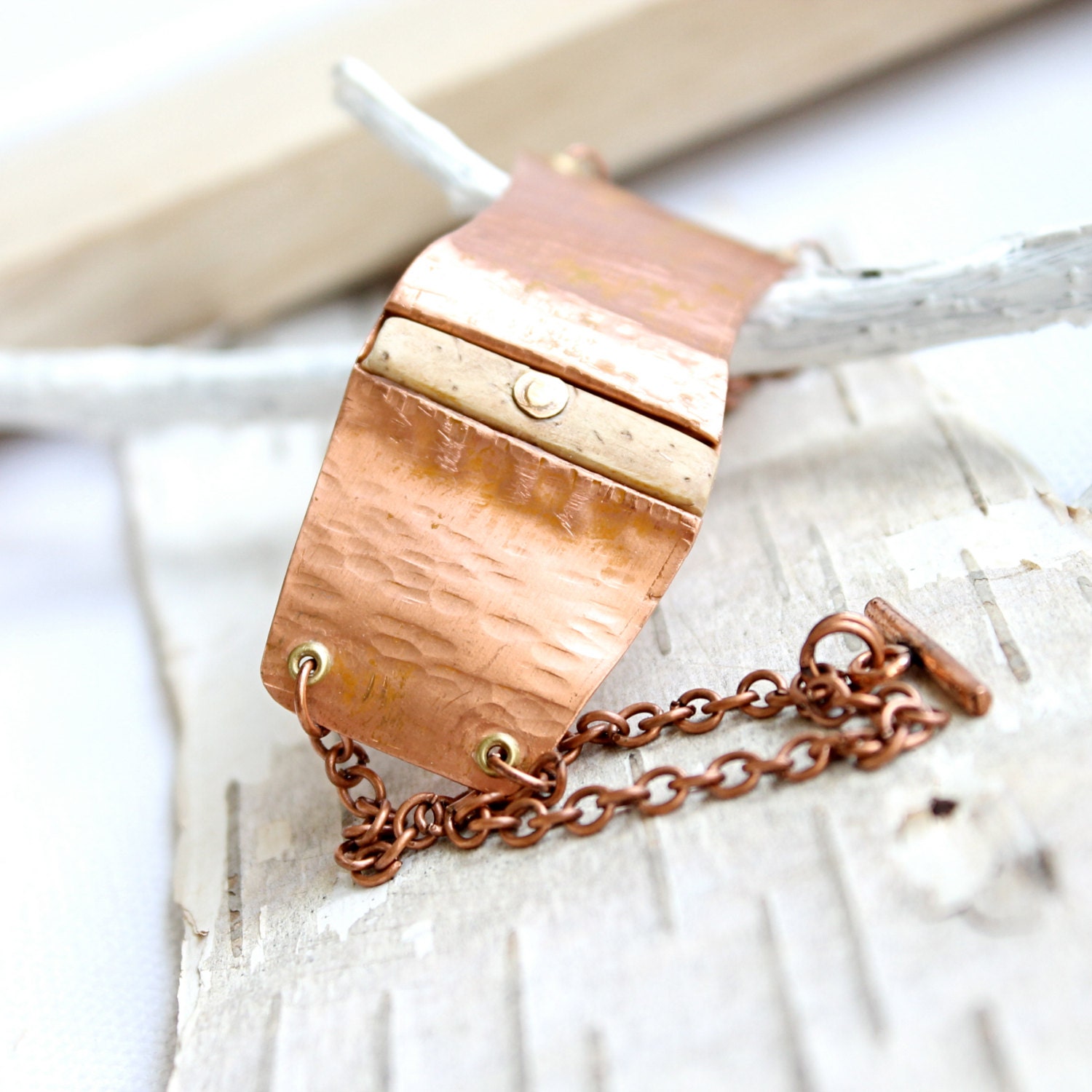 Light Rustic Mustard Fold Formed Copper - Patina Bracelet - Coconut Riveted Handmade Jewellery