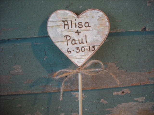 Birch bark heart cake topper, personalized with your names and wedding date.