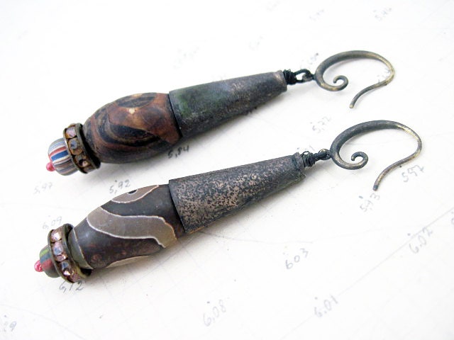 The Coil. Rustic Tribal Gypsy Earrings. with etched agate barrels.