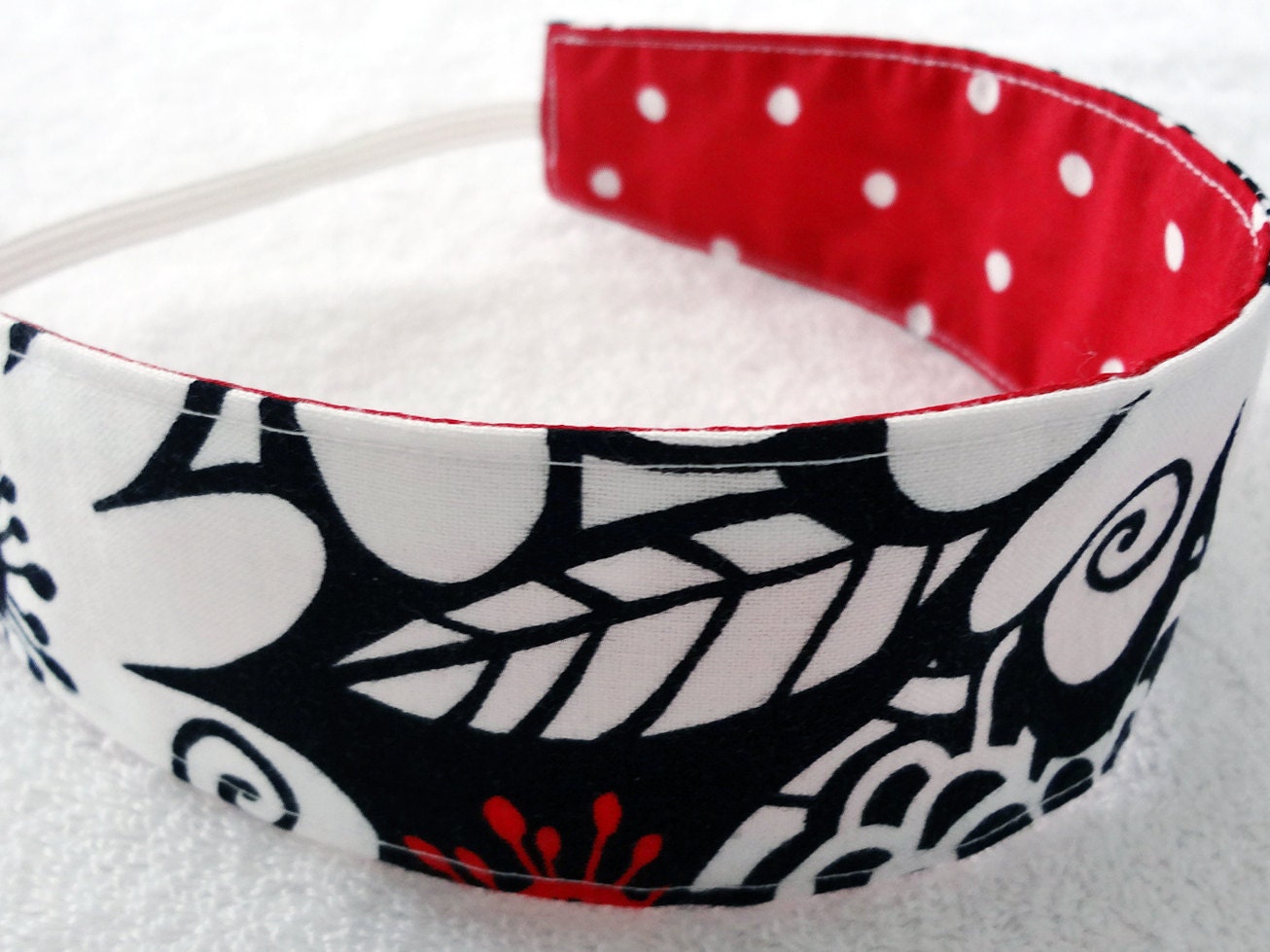 Child or Adult Reversible Headband Michael Miller Zesty Zinnia black white red dots cotton fabric flowers - Bandeau adulte ou enfant