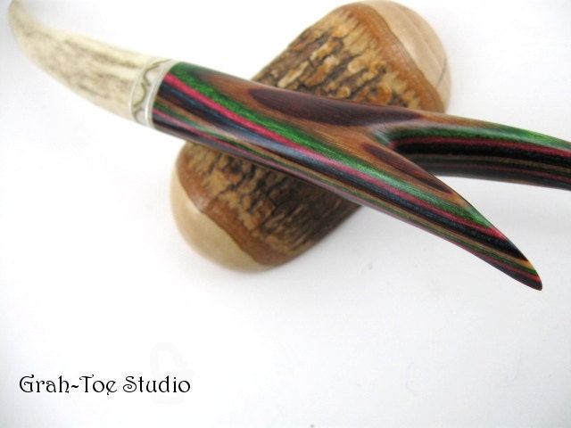 Antler Hair Stick Dymondwood Spikes Inlaid Brass and Silver wire Grahtoe Handmade