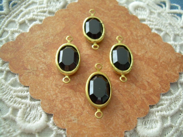 4 Vintage Swarovski Connectors Jet Black 2-Loop Drop Oval Finding