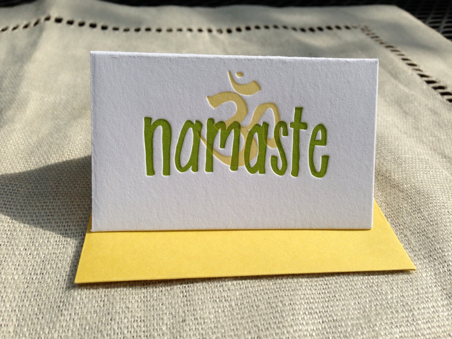 Namaste-- folded gift enclosure, Moss Green and Curry Yellow